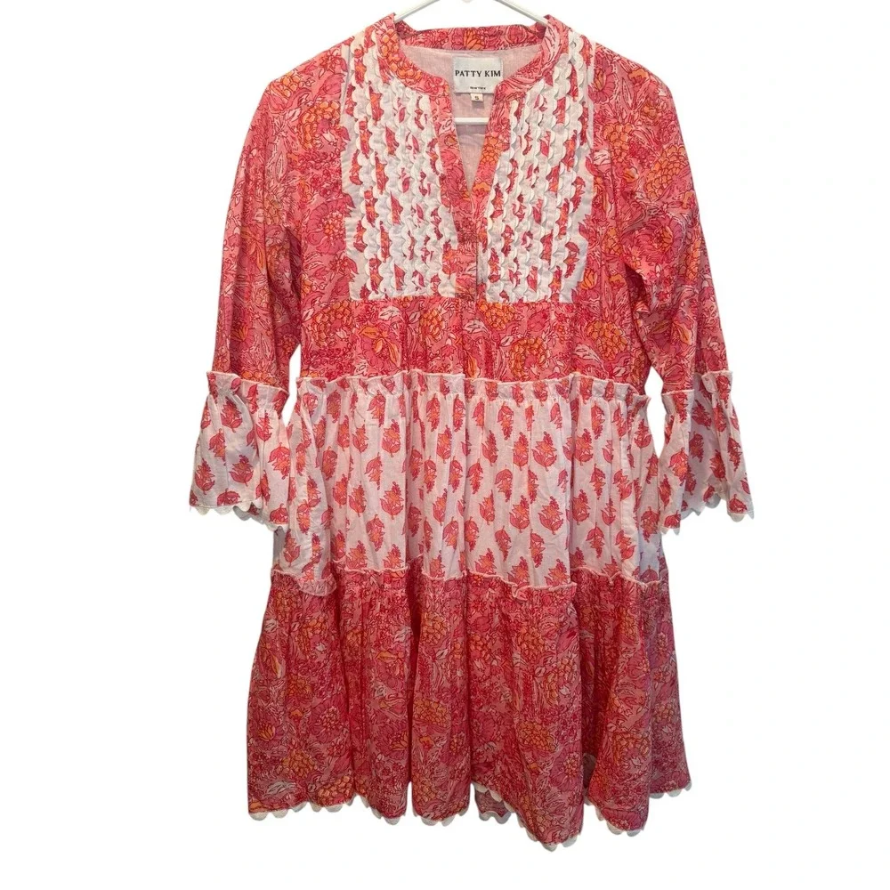 Patty Kim New York Colette Colorful Floral Block Print Tiered Mini‎ Dress S